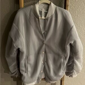 Alo Mesh Light Gray Women's Bomber Jacket - Casual Snap Front